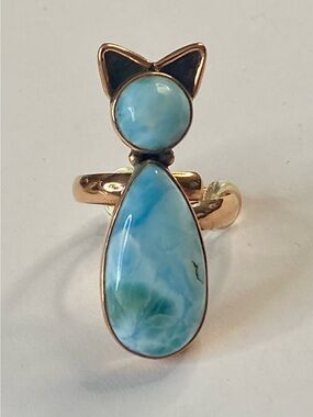 Blue Larimar Cat Statement Adjustable Ring Kitty Solid Copper